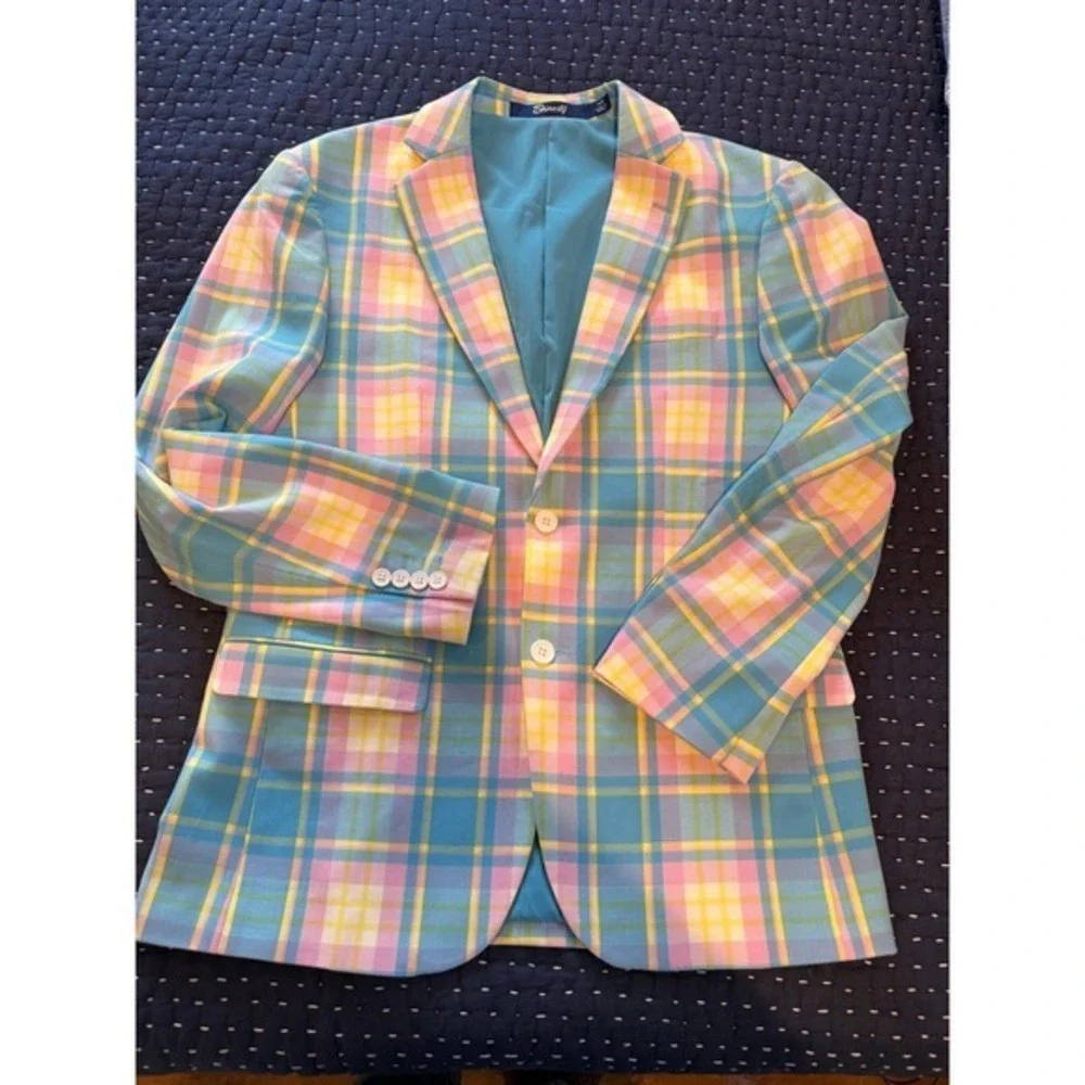 Shinesty The Burnished Broker Plaid Pastel Stretch Blazer 40 R‎ 2 Button Pride